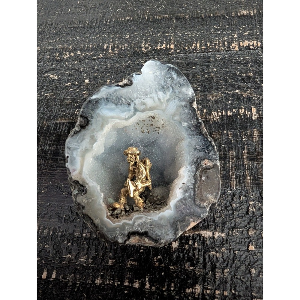 Vintage Gold Plated Agate Quartz Geode Diorama w/ Miner Figurine, Mining
